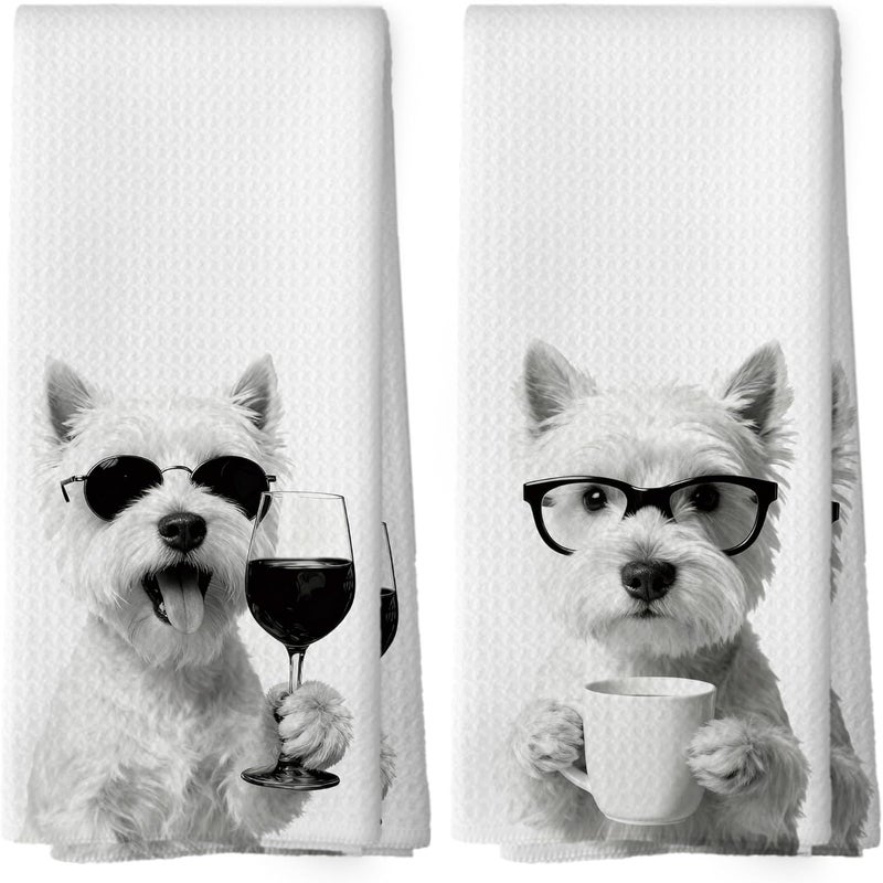 Mcehtle Funny West Highland Kitchen Towels Set of 2, Funny Dog Kitchen Accessories, Coffee Wine Station Decor, Chef Gift Hand Towel, Dining Room Decorative Tea Towel Dish Towels 16x24 Inch - Image 1